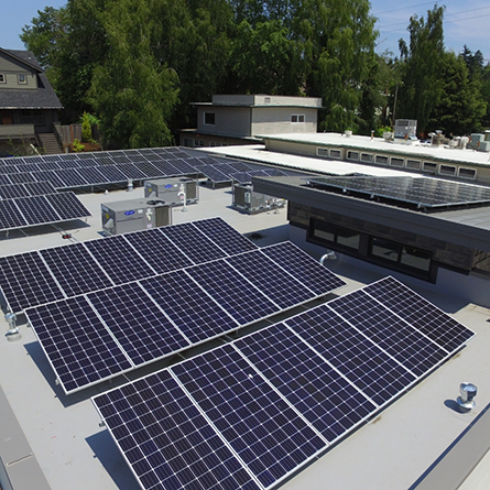 Solar panels on the roof of a Portland dental office